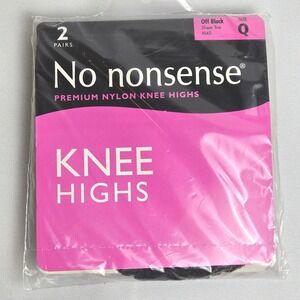 2 Pairs No Nonsense Premium Nylon Knee Highs, Off Black, Sheer Toe, M45, Q, New